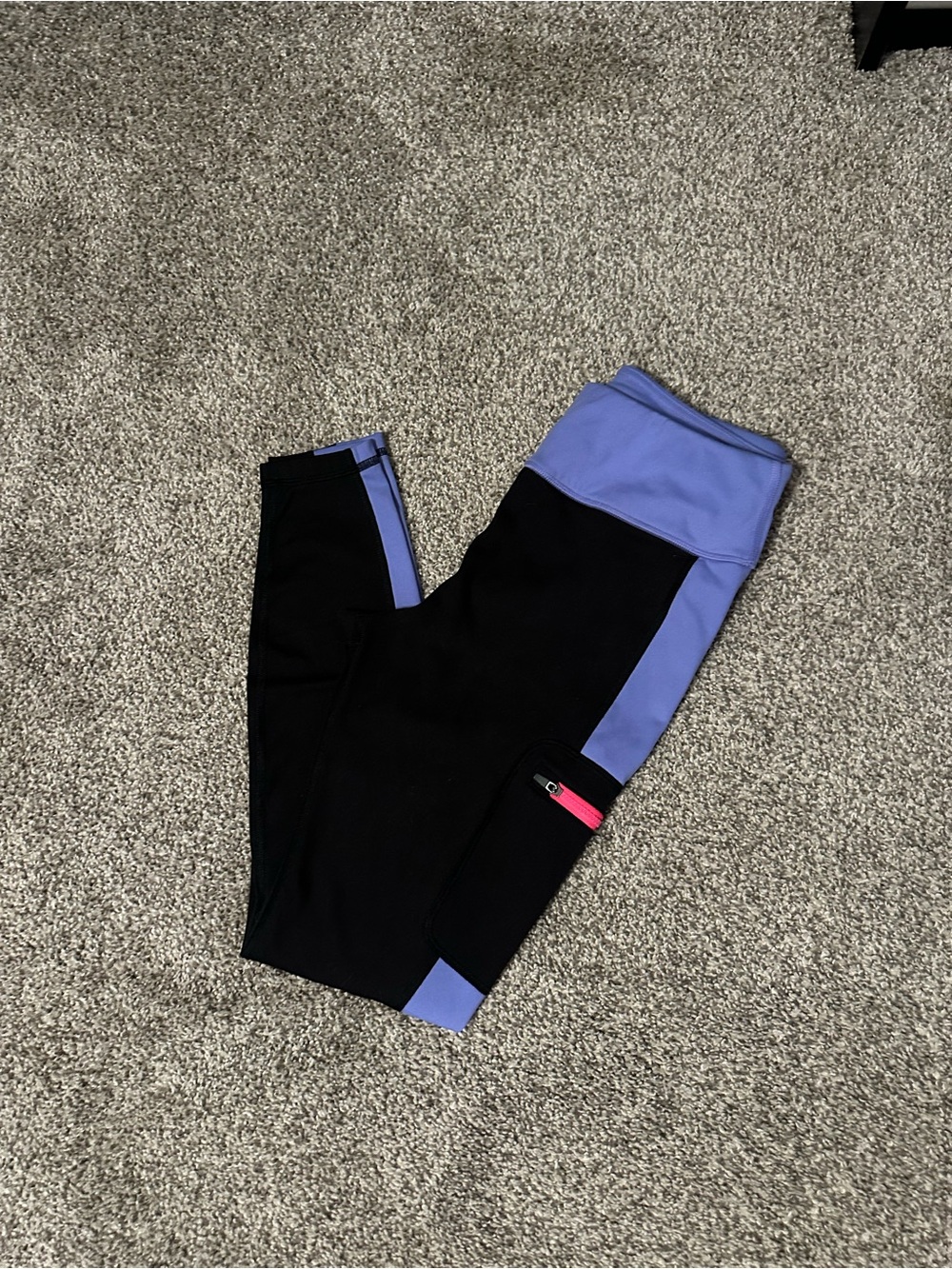 Athletic Works Black Leggings with Lavender Panels and Pink Zip Detail